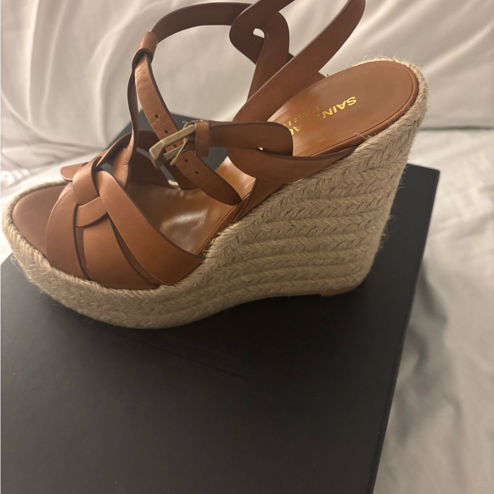 Saint Laurent Tan Wedge Sandals